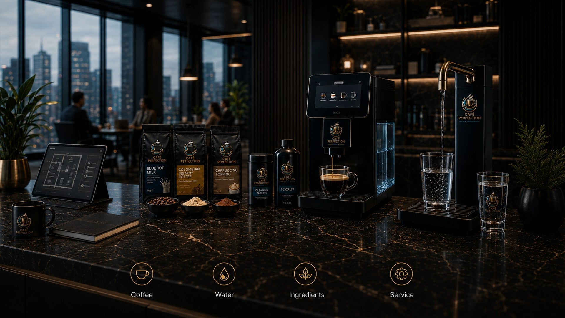 Complete Café Perfection coffee, water, ingredients and service system