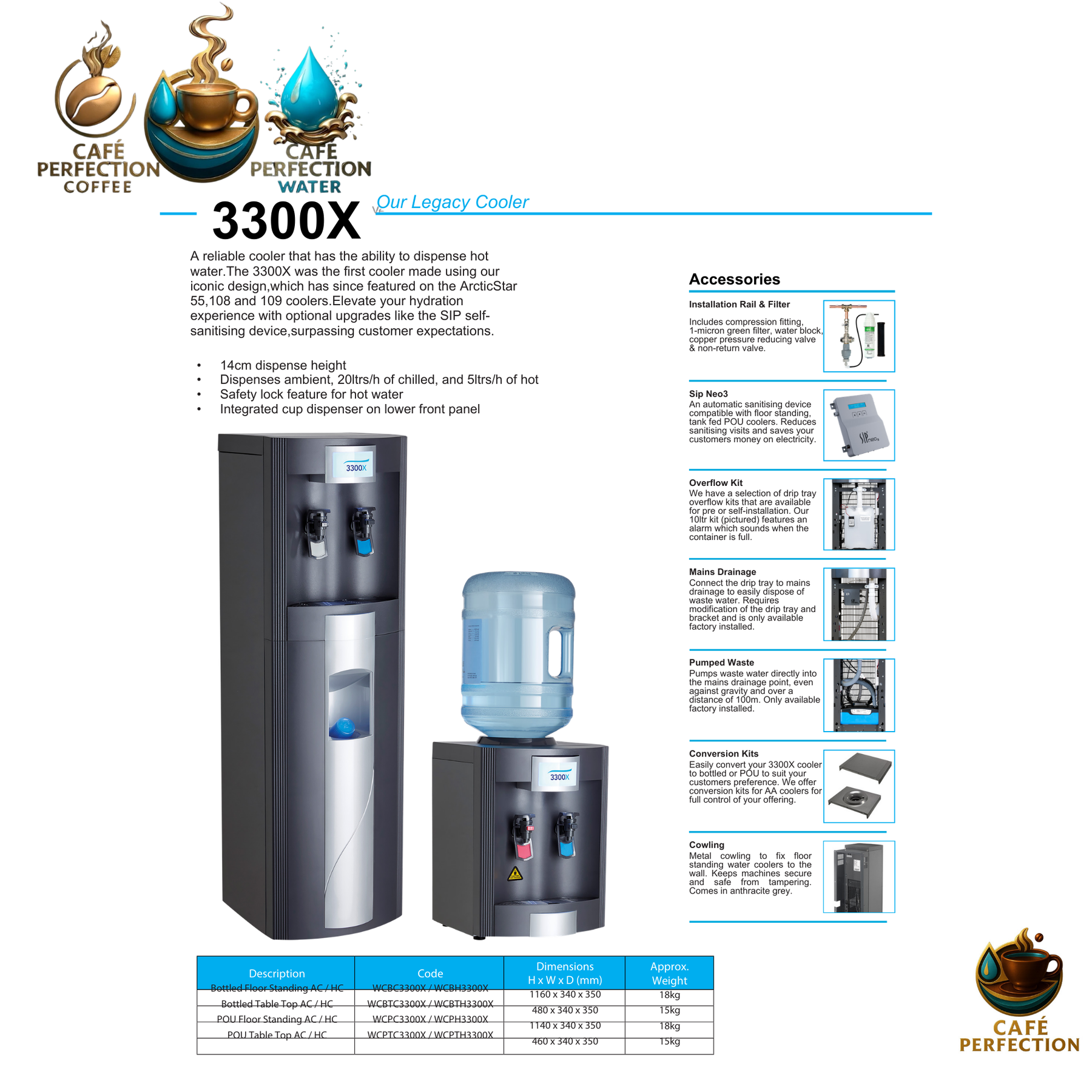 Café Perfection water cooler with product details on a white background