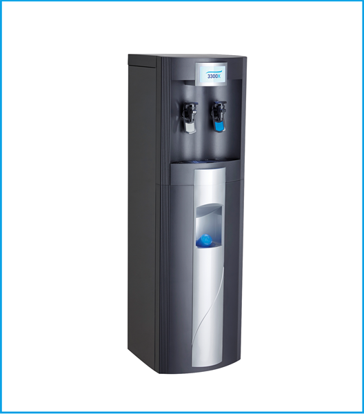 Tall black and silver water dispenser on a white background