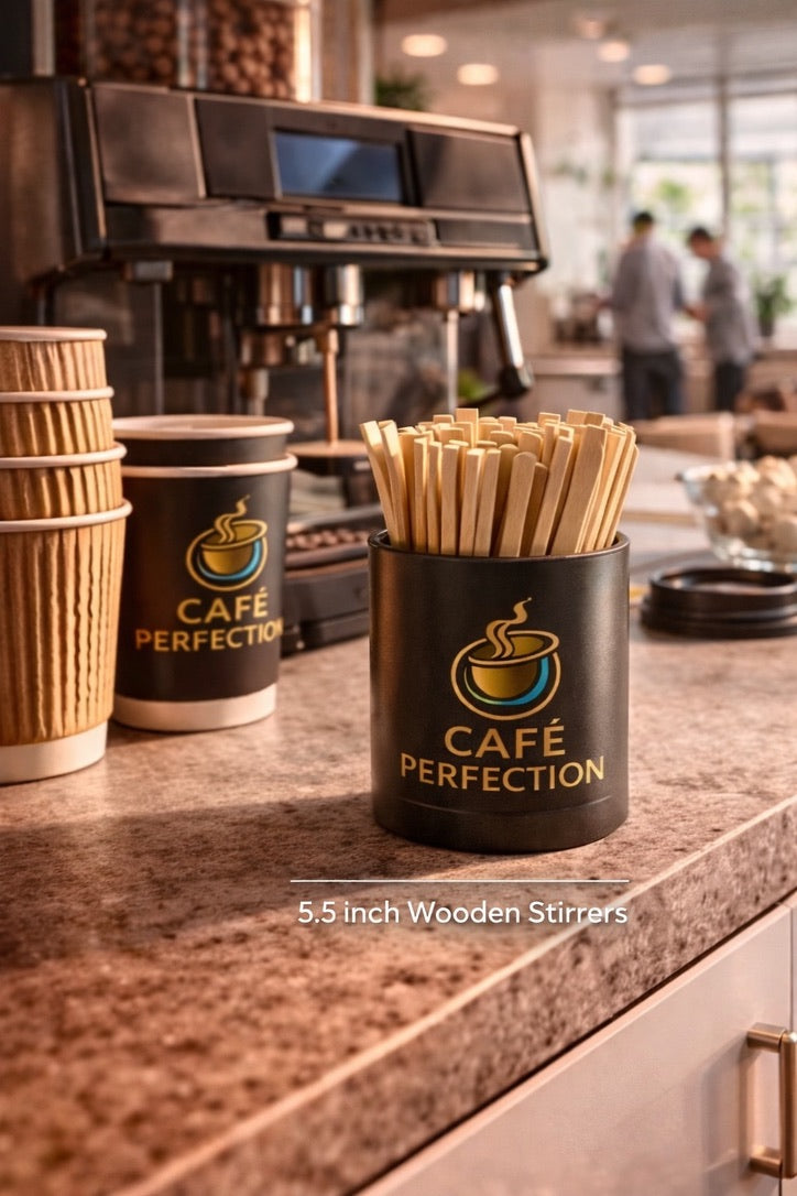 Café Perfection wooden stirrers in a container on a coffee shop counter.
