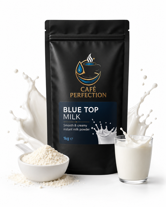 Café Perfection blue top milk bag with a glass of milk