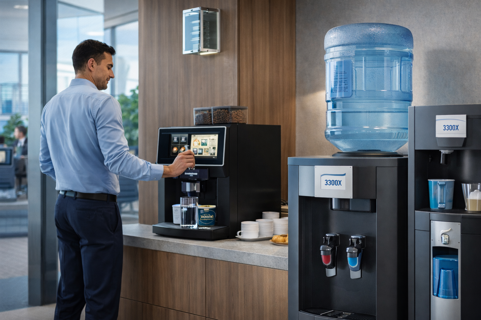 Man using a coffee machine in an office setting with a water cooler in the foreground.