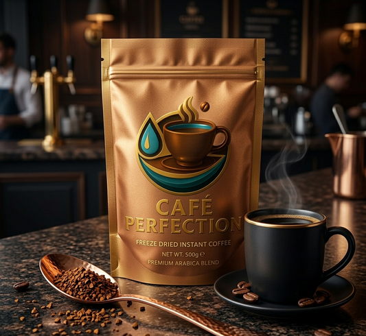 Café Perfection coffee package with a steaming cup of coffee on a table.