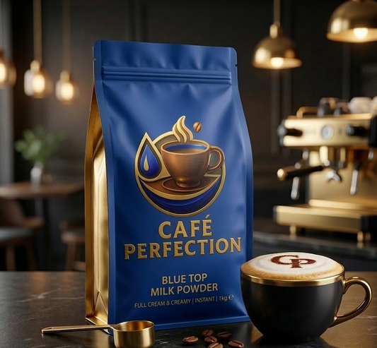 Café Perfection blue top milk powder packaging with a cup of coffee in a cafe setting.