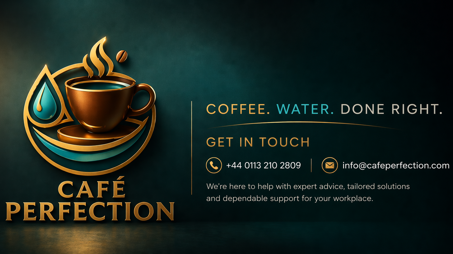 Café Perfection logo with coffee cup and water droplet on a dark background with contact details
