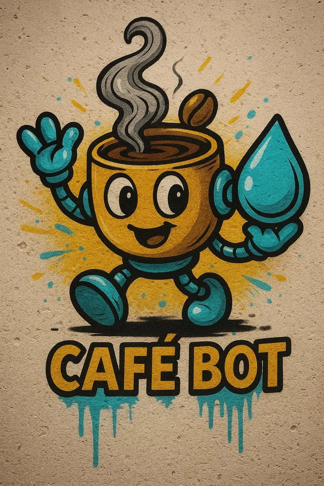 Café Bot: a coffee cup character holding a water droplet
