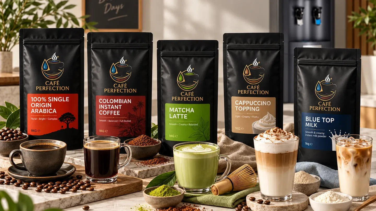 Café Perfection coffee, hot chocolate, matcha, milk and topping range