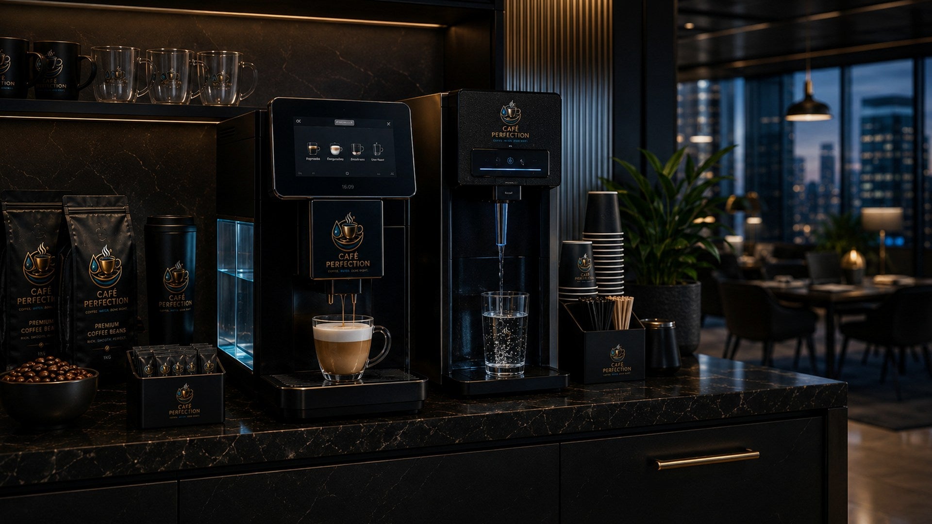Café Perfection workplace coffee and water setup